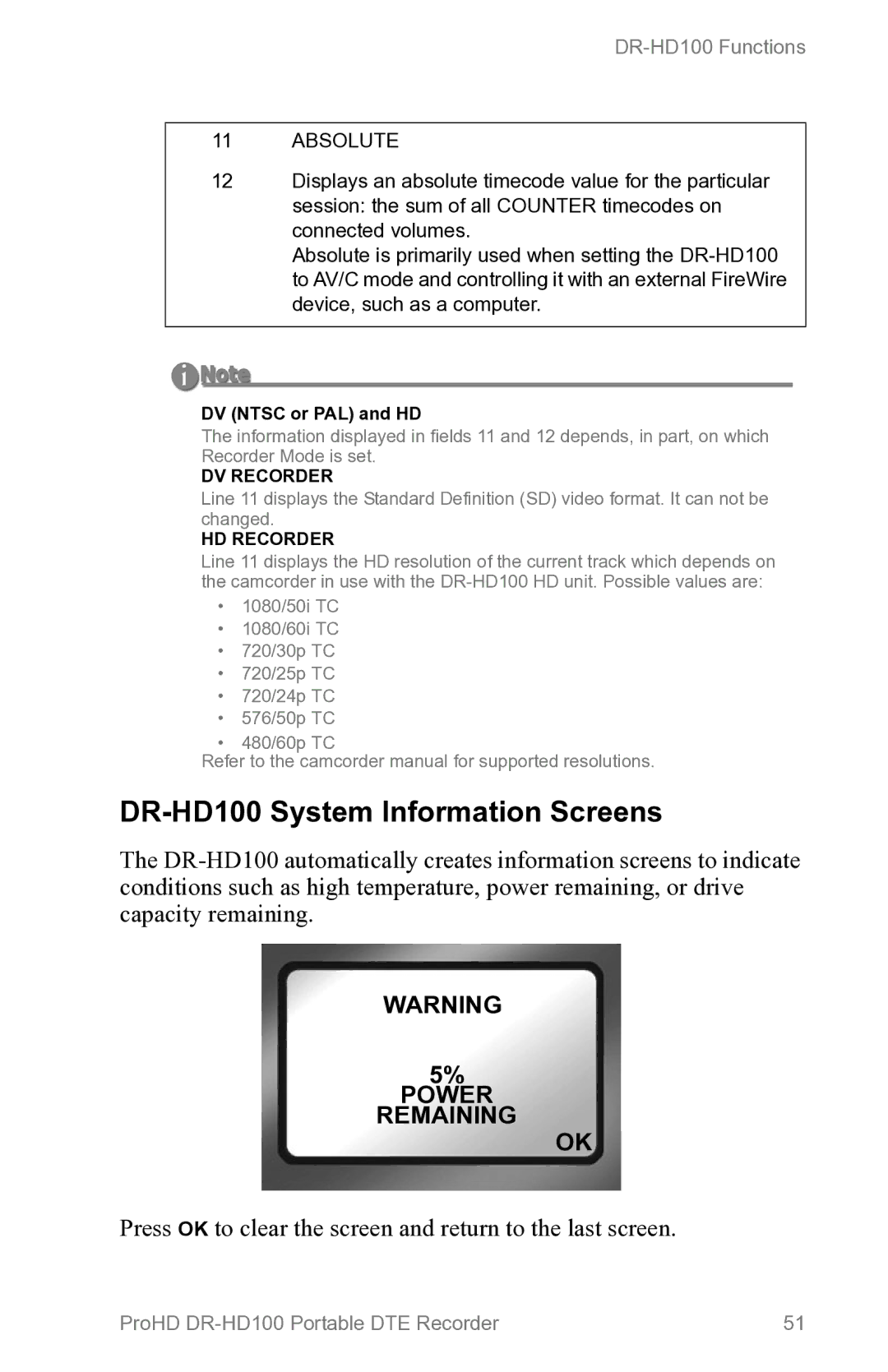 FOCUS Enhancements manual DR-HD100 System Information Screens, Power Remaining, DV Ntsc or PAL and HD 