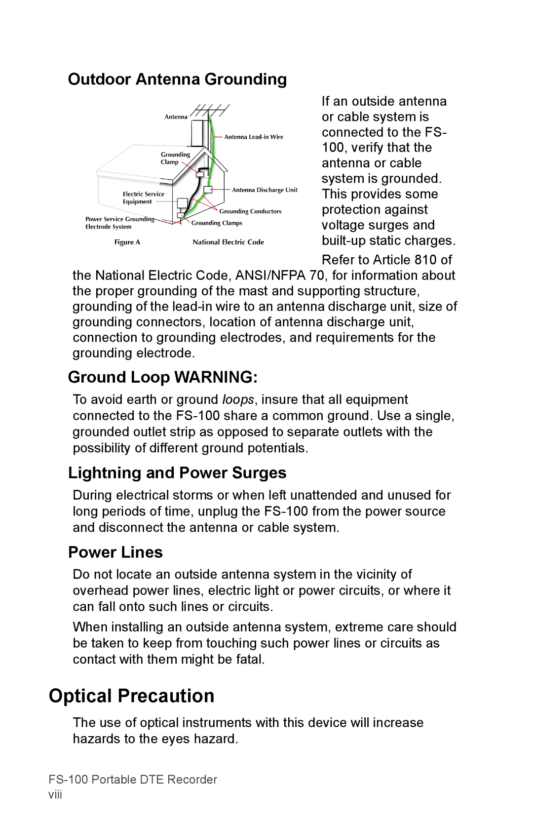 FOCUS Enhancements DVCPROHD Optical Precaution, Outdoor Antenna Grounding, Ground Loop Warning, Lightning and Power Surges 