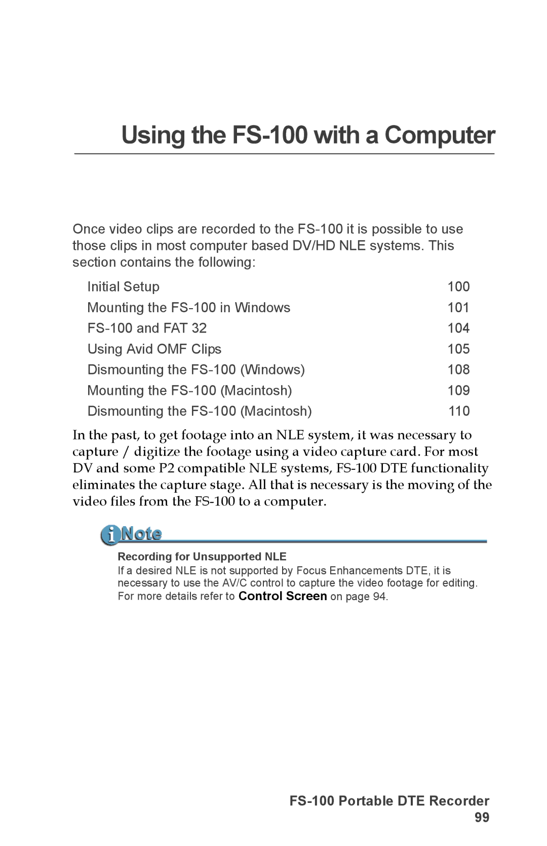 FOCUS Enhancements DVCPRO50, DVCPROHD, DVCPRO/DV manual Using the FS-100 with a Computer, Recording for Unsupported NLE 