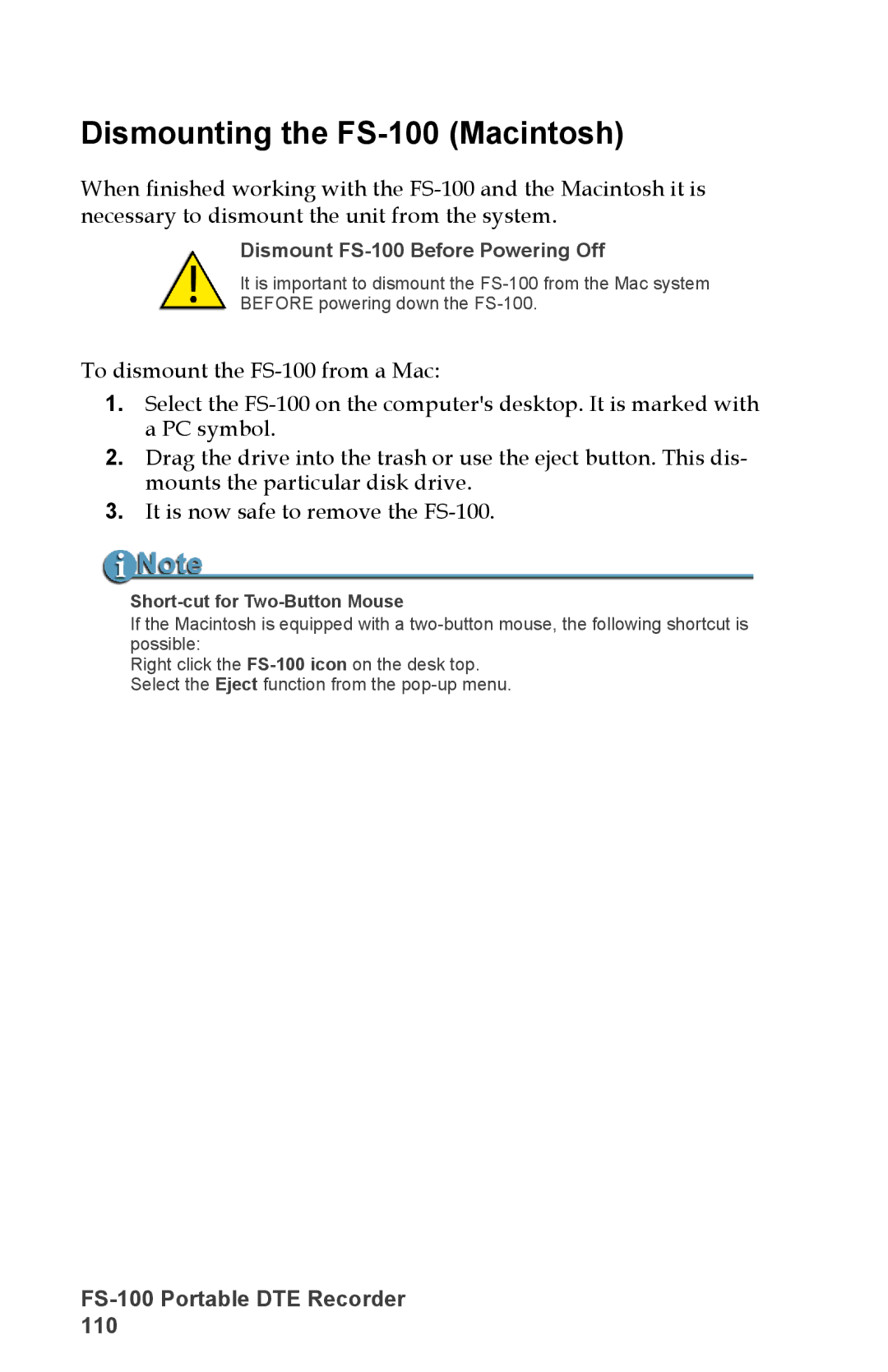 FOCUS Enhancements DVCPRO50, DVCPROHD, DVCPRO/DV manual Dismounting the FS-100 Macintosh, Short-cut for Two-Button Mouse 
