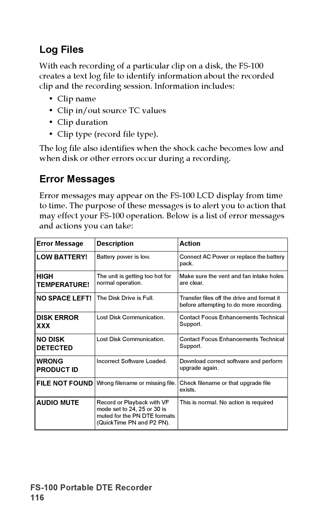 FOCUS Enhancements DVCPROHD, DVCPRO50, FS-100, DVCPRO/DV manual Log Files, Error Messages 