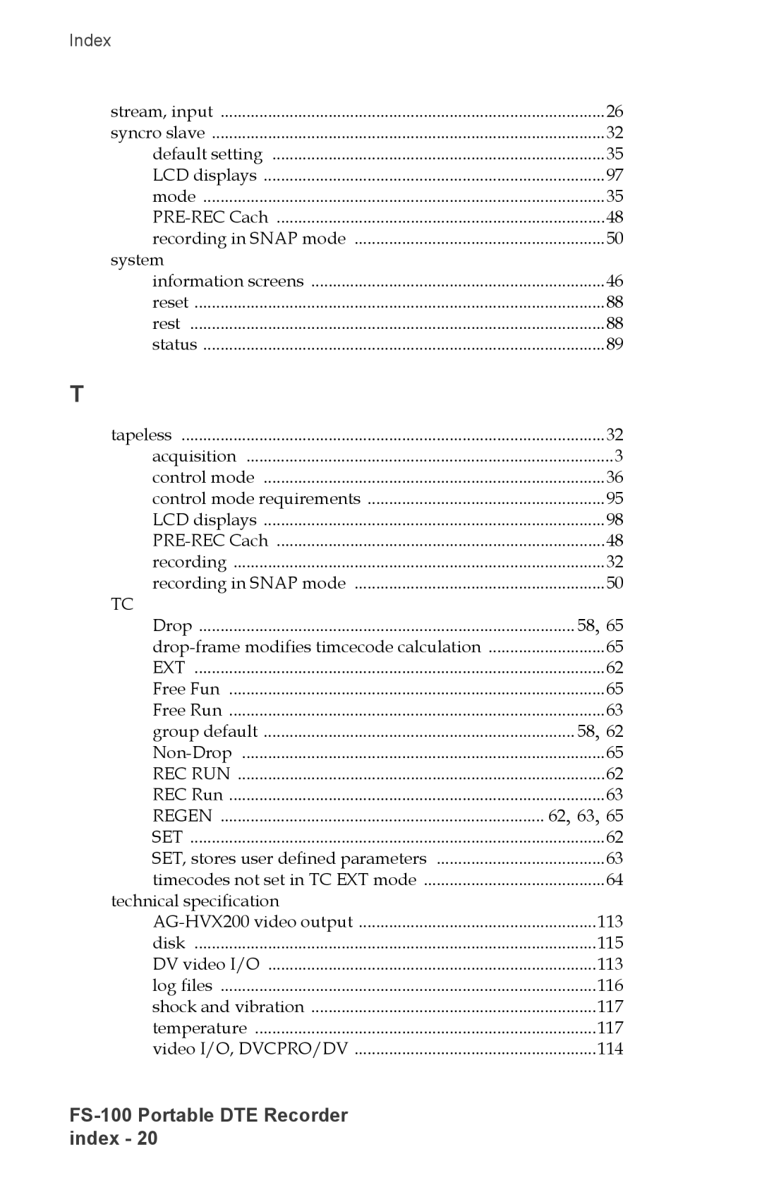 FOCUS Enhancements DVCPRO50, FS-100, DVCPROHD, DVCPRO/DV manual System, Regen, 62, 63, Technical specification 