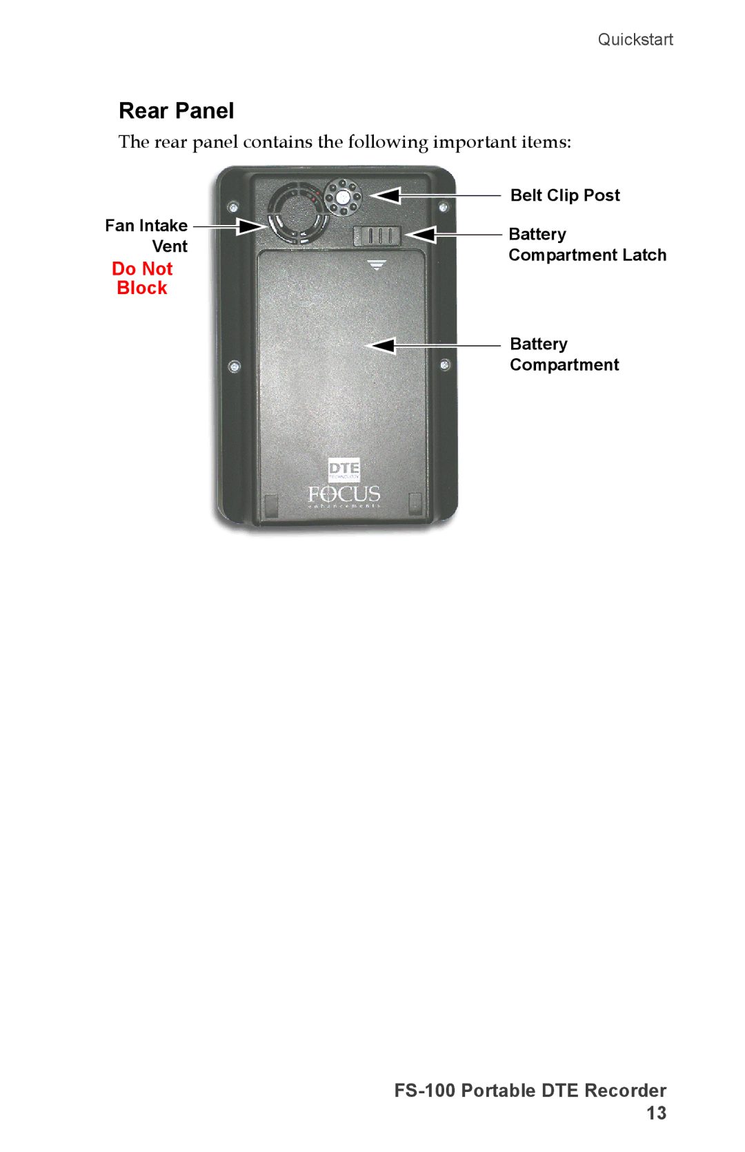 FOCUS Enhancements DVCPRO/DV, DVCPRO50, FS-100, DVCPROHD manual Rear Panel, Rear panel contains the following important items 