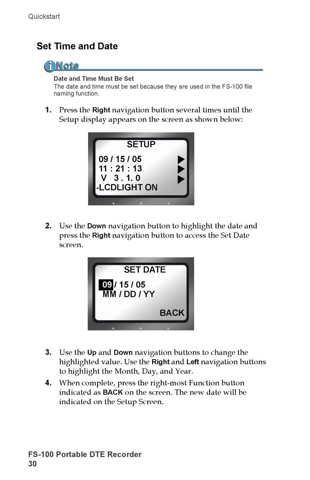 FOCUS Enhancements DVCPRO50, FS-100, DVCPROHD, DVCPRO/DV manual Set Time and Date, Setup, Lcdlight on, SET Date, Back 