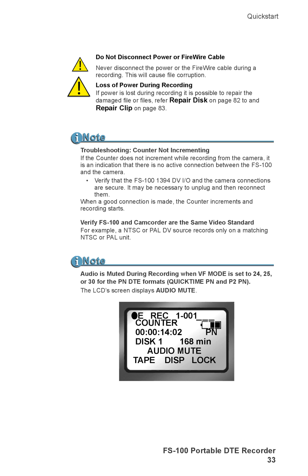 FOCUS Enhancements DVCPRO/DV, DVCPRO50, FS-100, DVCPROHD manual Rec, Counter, PN Disk 1 168 min, Audio Mute Tape Disp Lock 