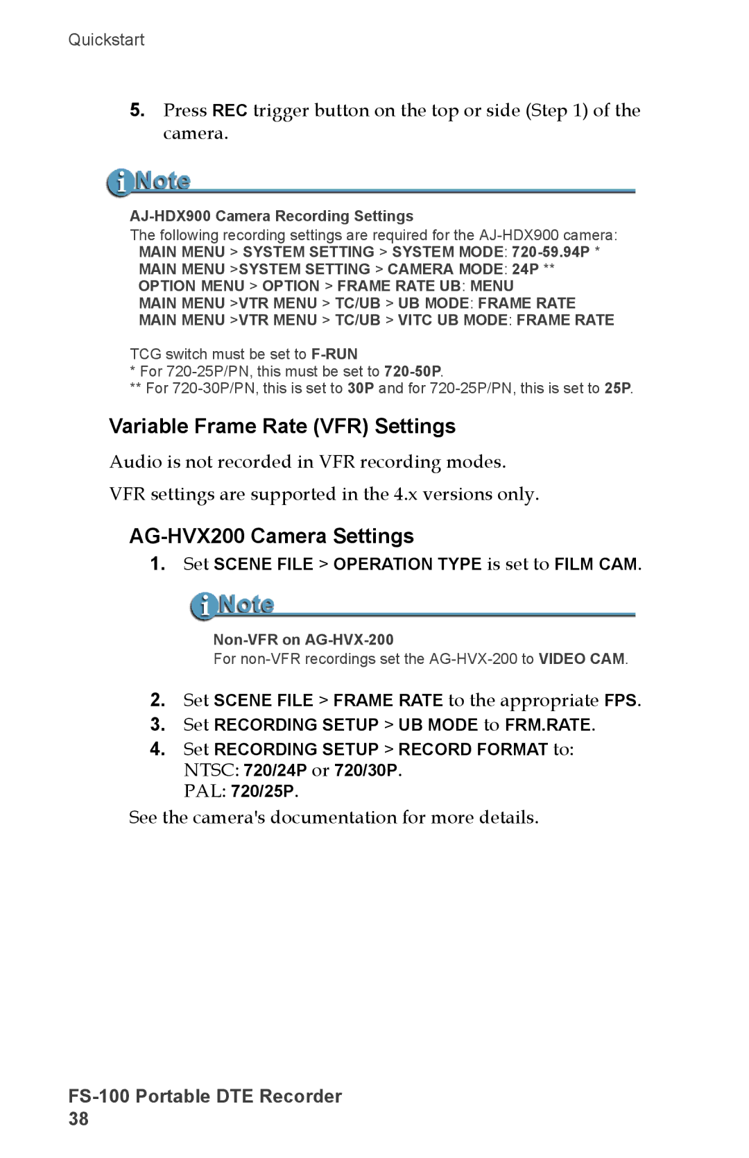 FOCUS Enhancements DVCPRO50, FS-100, DVCPROHD, DVCPRO/DV manual Variable Frame Rate VFR Settings, AG-HVX200 Camera Settings 