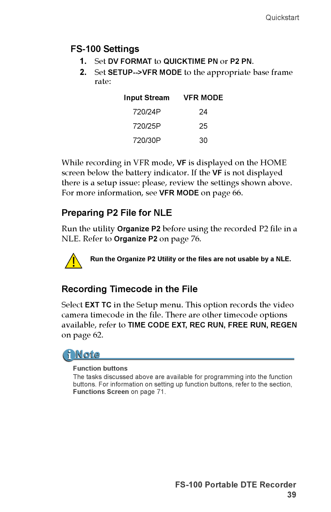 FOCUS Enhancements manual FS-100 Settings, Preparing P2 File for NLE, Recording Timecode in the File, Function buttons 