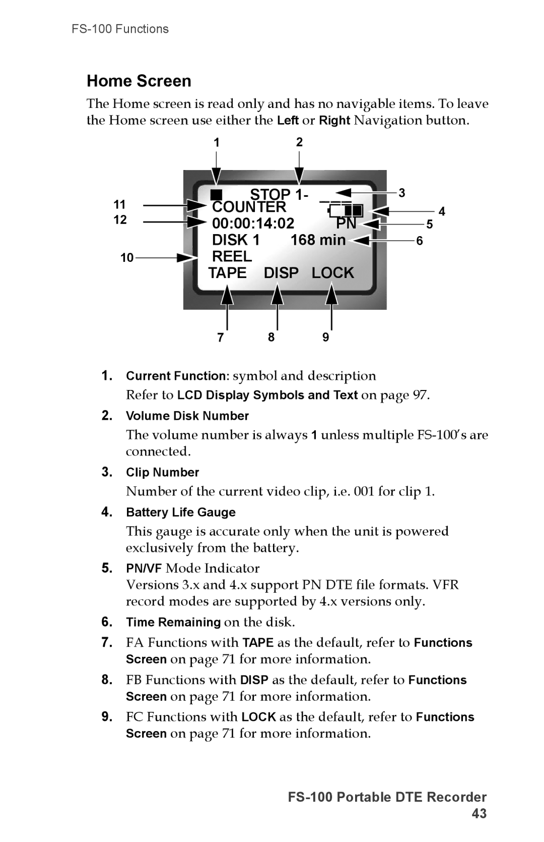 FOCUS Enhancements FS-100, DVCPRO50, DVCPROHD, DVCPRO/DV manual Home Screen, Stop Counter, 00001402, Reel Tape Disp Lock 