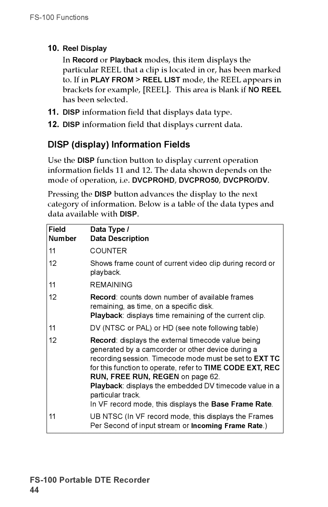 FOCUS Enhancements DVCPROHD, DVCPRO50, FS-100 manual Disp display Information Fields, Field Data Type Number Data Description 