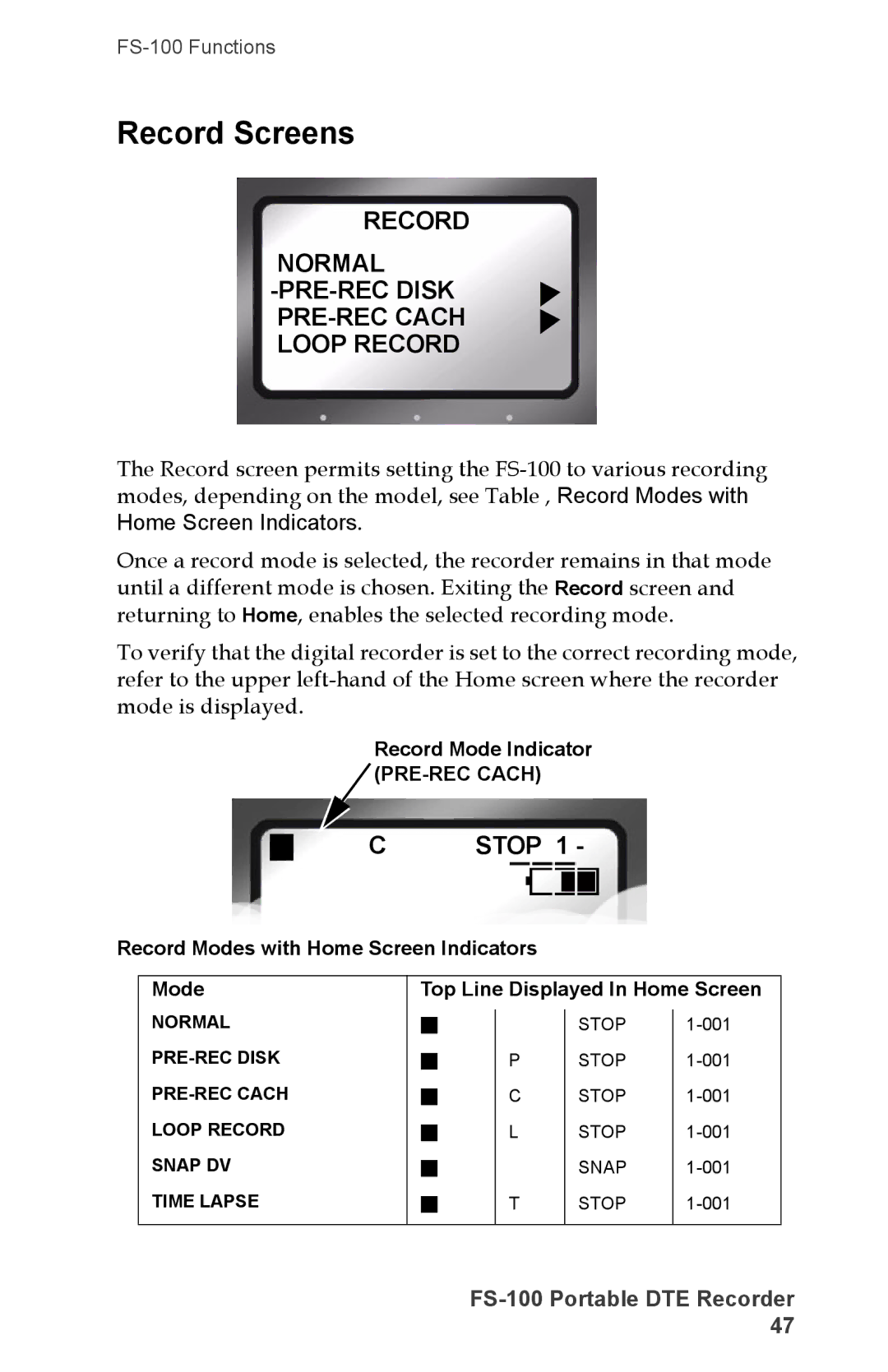 FOCUS Enhancements FS-100, DVCPRO50, DVCPROHD Record Screens, Record Normal PRE-REC Disk PRE-REC Cach Loop Record, Stop 