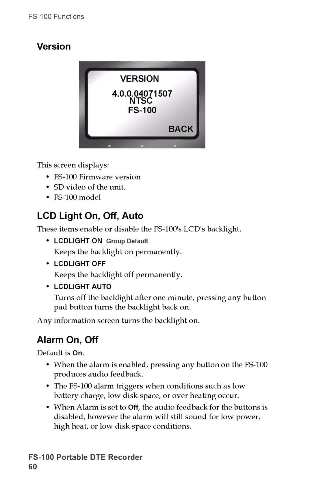 FOCUS Enhancements DVCPROHD, DVCPRO50, FS-100, DVCPRO/DV manual Version, LCD Light On, Off, Auto, Alarm On, Off, Ntsc 