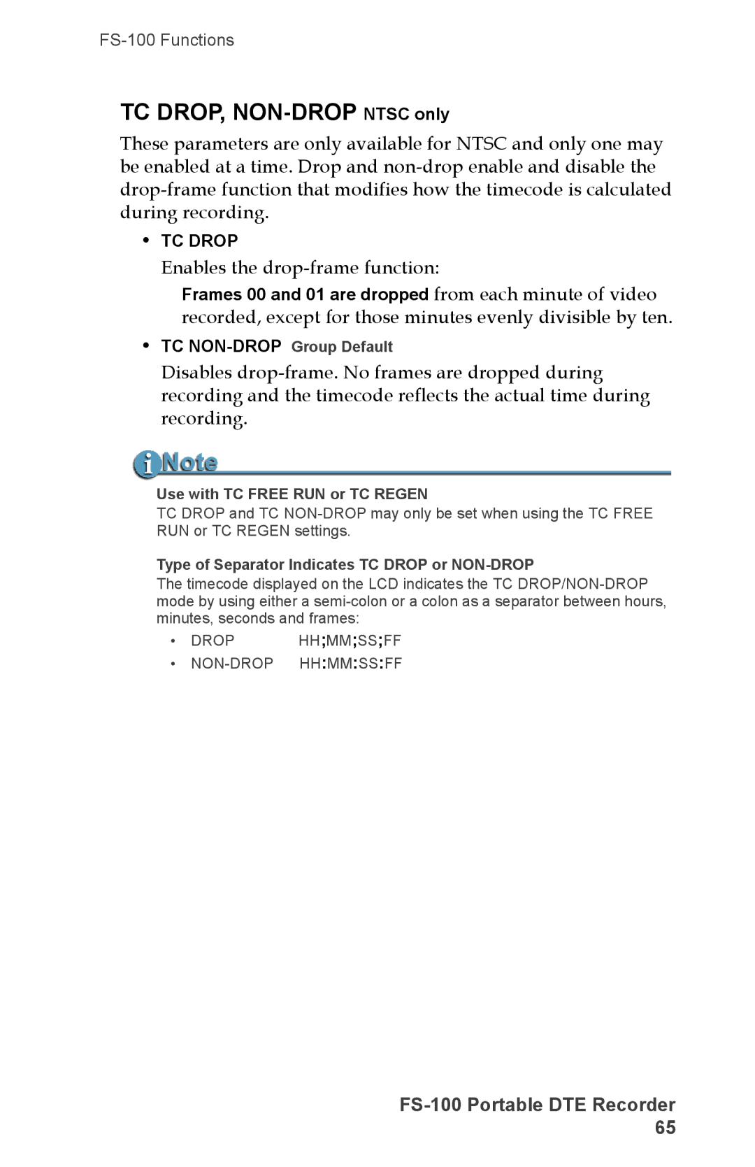 FOCUS Enhancements DVCPRO/DV manual TC DROP, NON-DROP Ntsc only, Enables the drop-frame function, TC NON-DROPGroup Default 