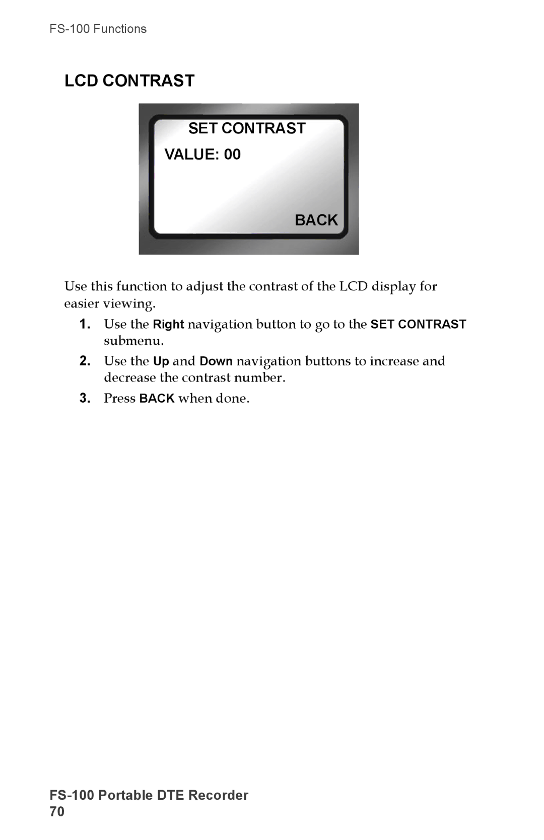 FOCUS Enhancements DVCPRO50, FS-100, DVCPROHD, DVCPRO/DV manual LCD Contrast, SET Contrast Value Back 