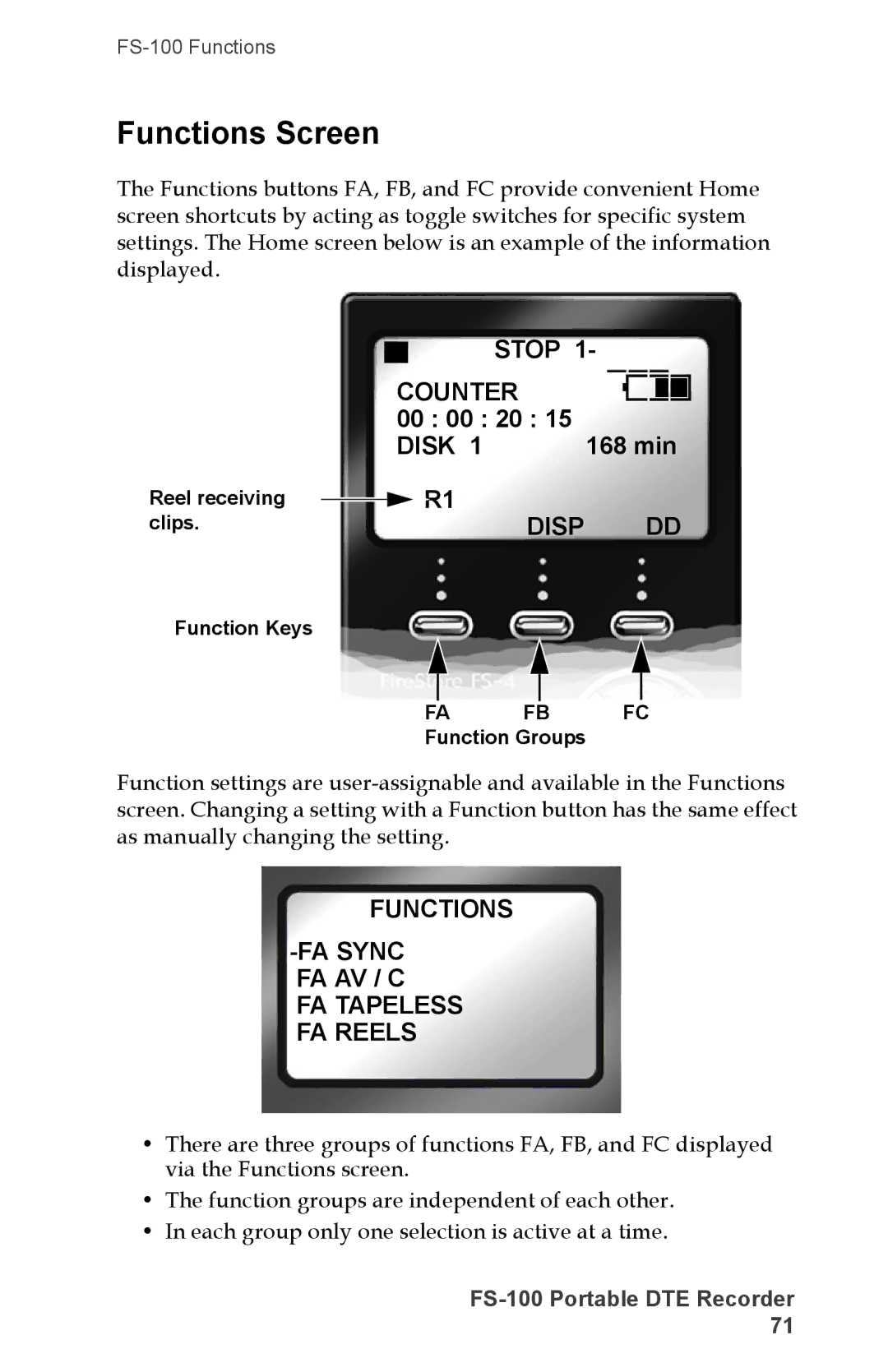 FOCUS Enhancements FS-100, DVCPRO50 Functions Screen, 00 00 20 168 min, Functions FA Sync FA AV / C FA Tapeless FA Reels 