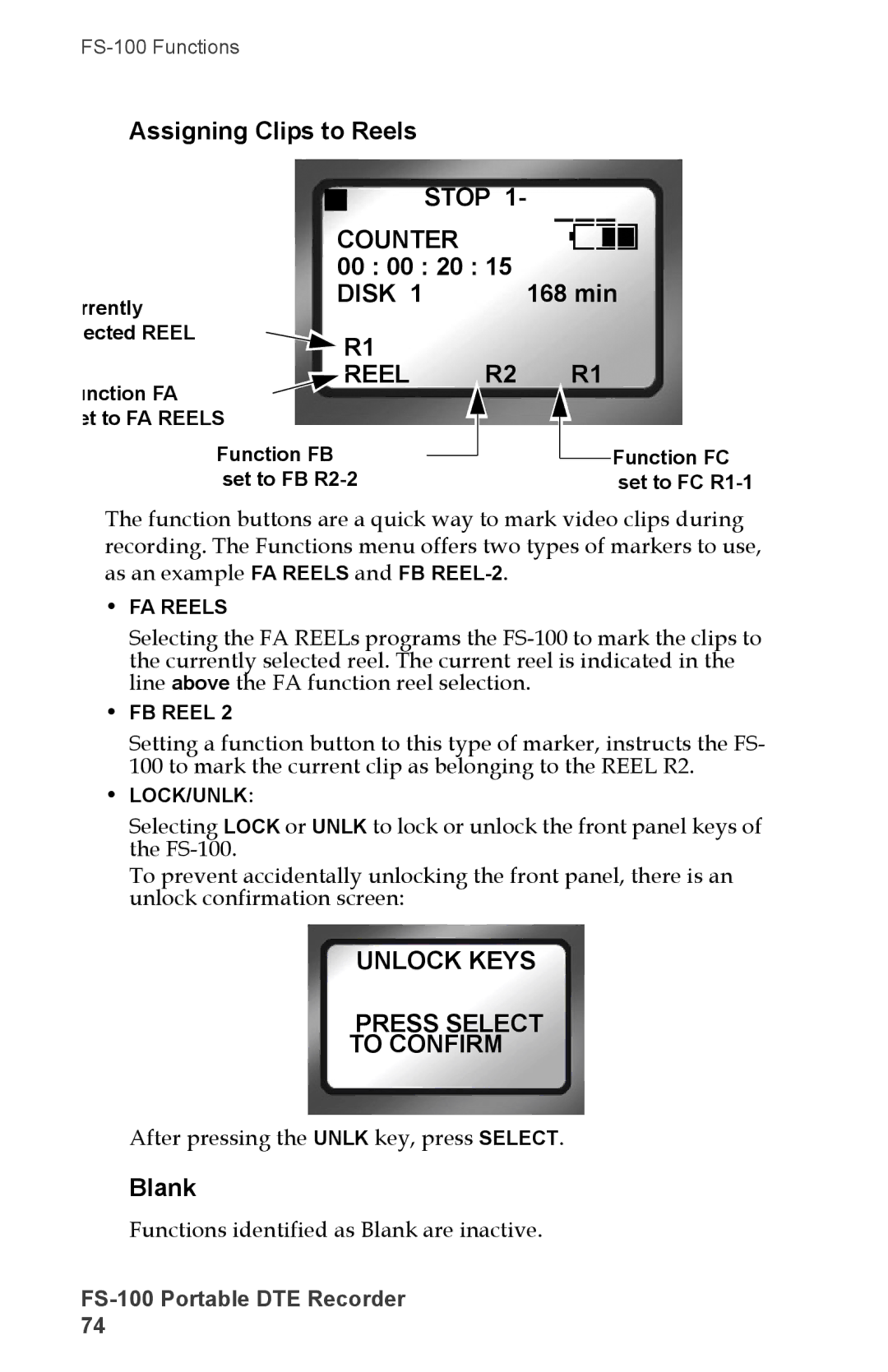 FOCUS Enhancements DVCPRO50 Reel, Unlock Keys Press Select To Confirm, Blank, After pressing the Unlk key, press Select 