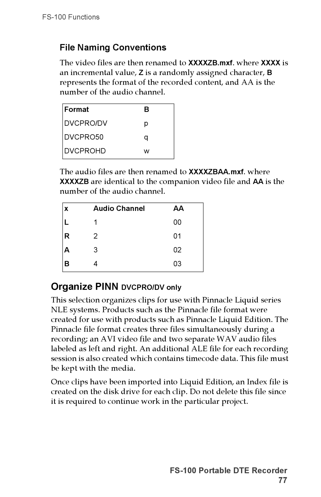 FOCUS Enhancements DVCPRO50, FS-100, DVCPROHD manual Organize Pinn DVCPRO/DV only, File Naming Conventions 