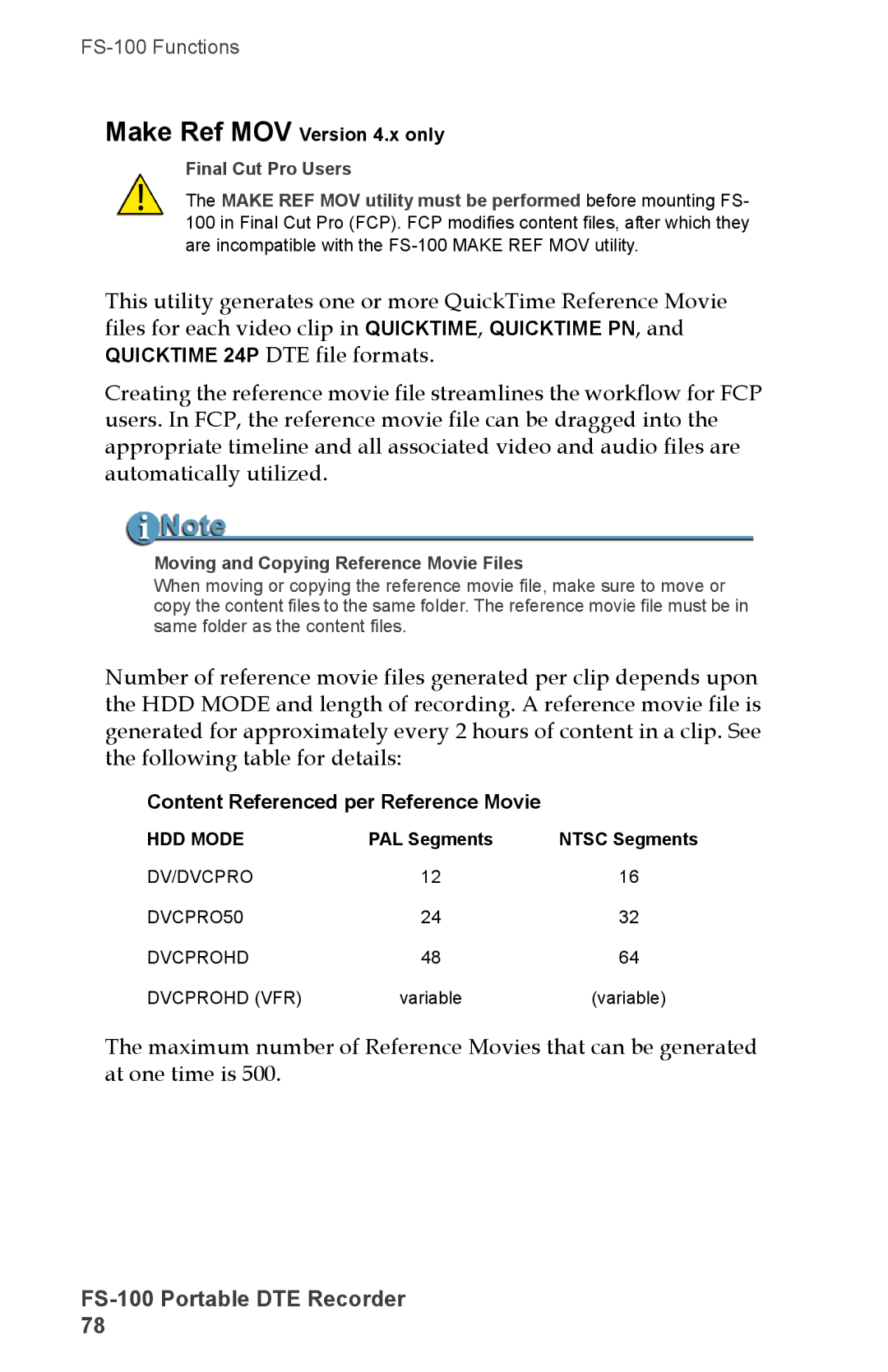 FOCUS Enhancements DVCPRO50, FS-100 manual Content Referenced per Reference Movie, Moving and Copying Reference Movie Files 