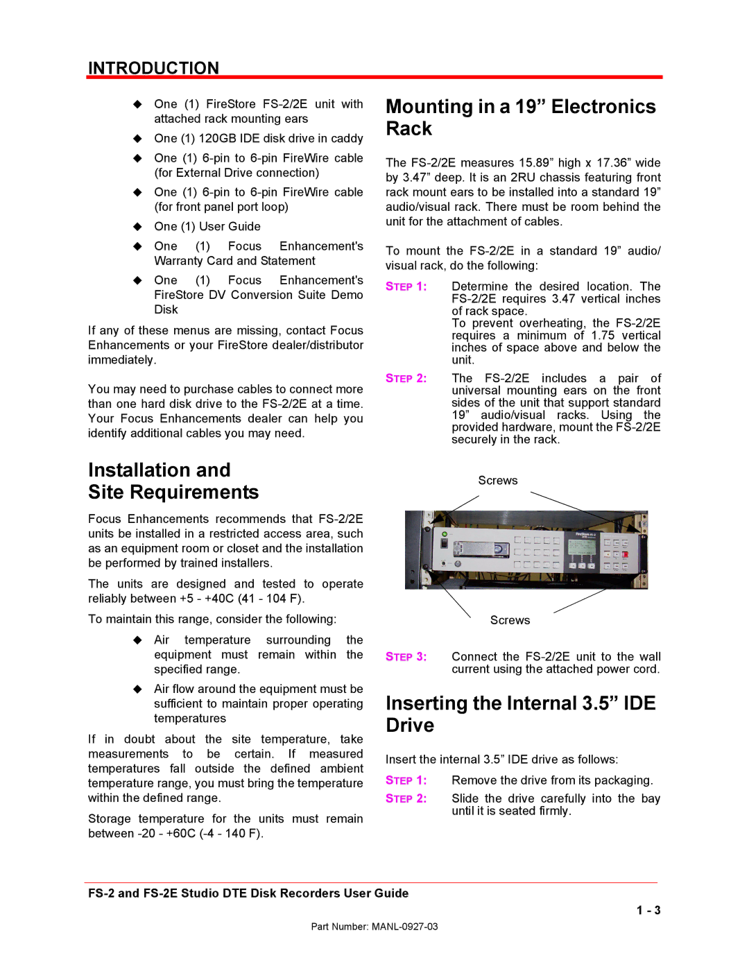 FOCUS Enhancements FS-2/2E manual Installation Site Requirements, Mounting in a 19 Electronics Rack 