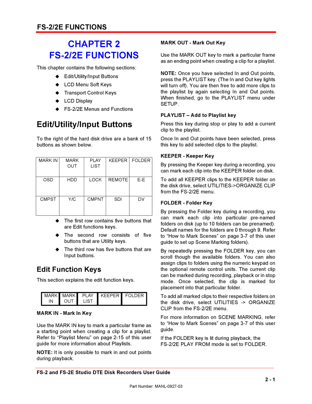 FOCUS Enhancements FS-2/2E manual Edit/Utility/Input Buttons, Edit Function Keys 