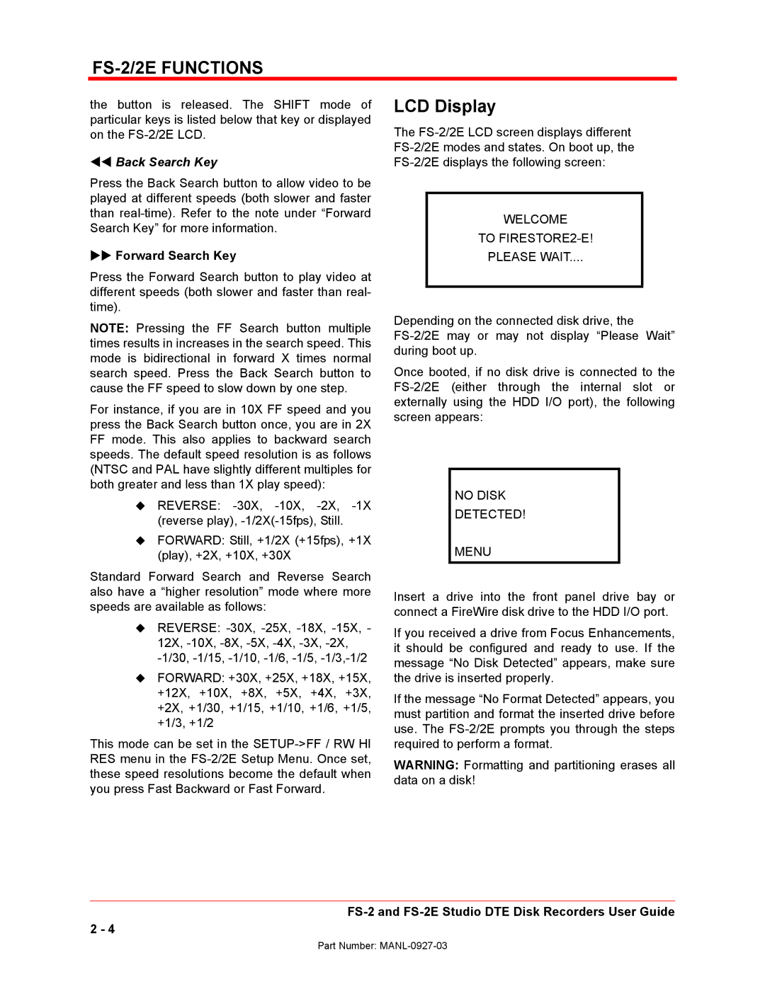FOCUS Enhancements FS-2/2E LCD Display, Forward Search Key, Welcome To FIRESTORE2-E Please Wait, No Disk Detected Menu 