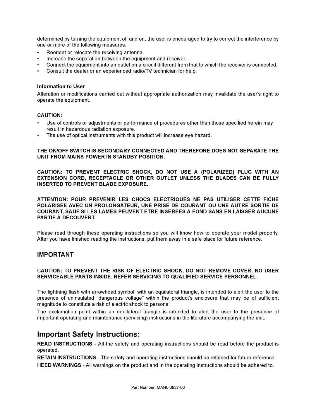 FOCUS Enhancements FS-2/2E manual Important Safety Instructions, Information to User 