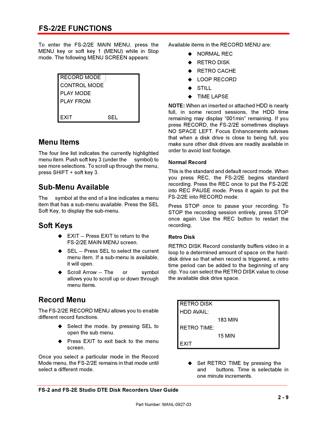 FOCUS Enhancements FS-2/2E manual Menu Items, Sub-Menu Available, Soft Keys, Record Menu 