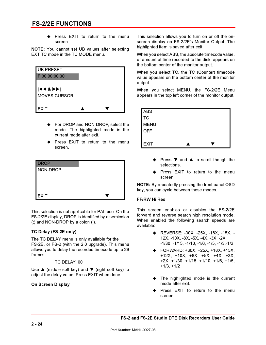 FOCUS Enhancements FS-2/2E manual TC Delay FS-2E only, On Screen Display, FF/RW Hi Res 