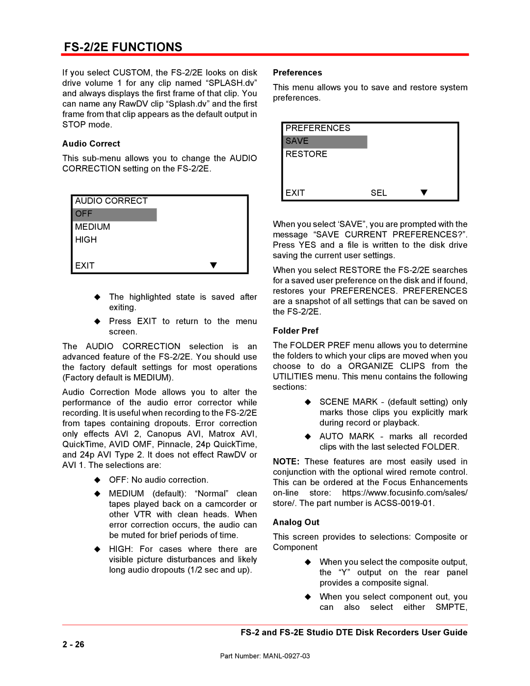 FOCUS Enhancements FS-2/2E manual Audio Correct, Preferences, Folder Pref, Analog Out 