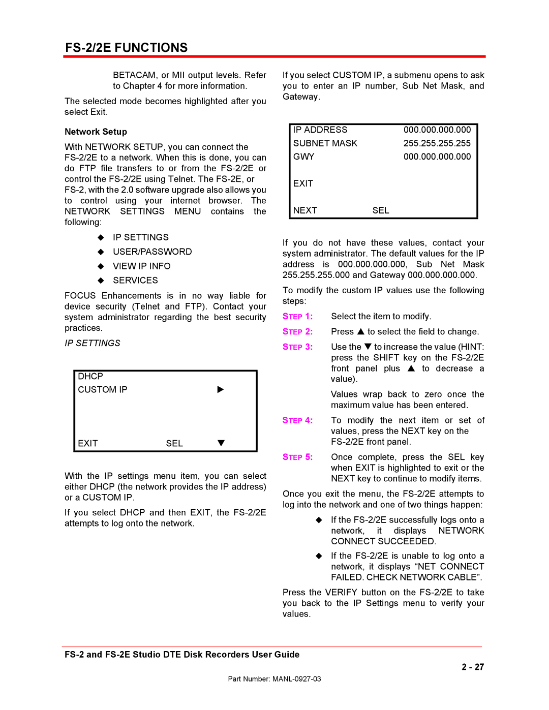 FOCUS Enhancements FS-2/2E manual Network Setup 