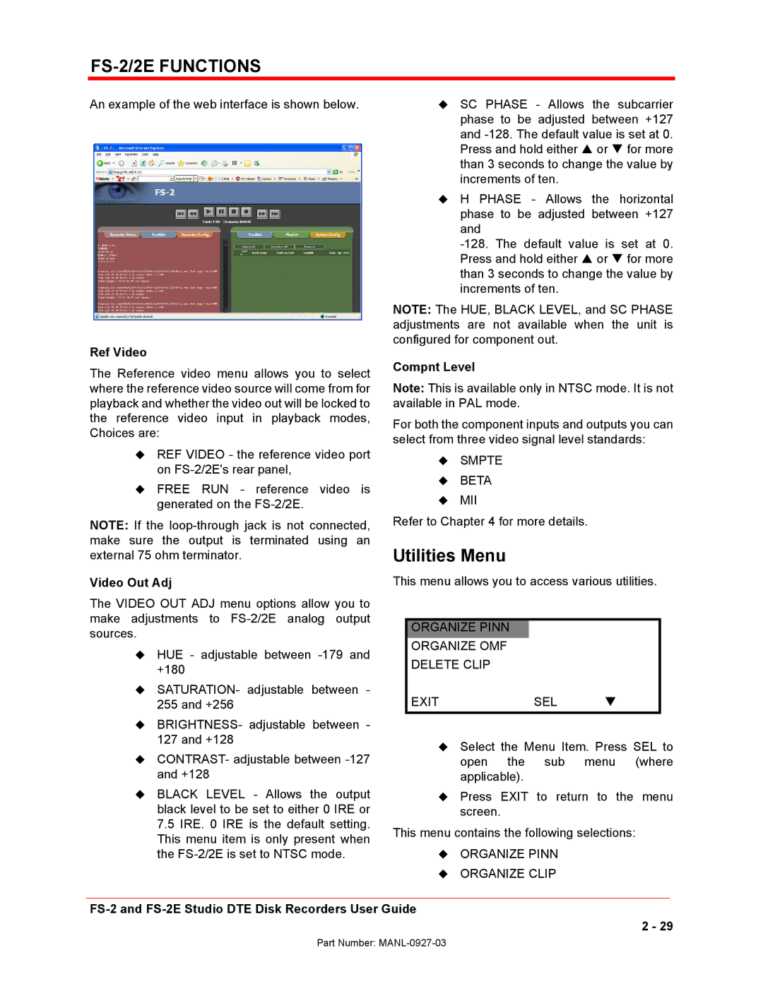 FOCUS Enhancements FS-2/2E manual Utilities Menu, Ref Video, Video Out Adj, Compnt Level 