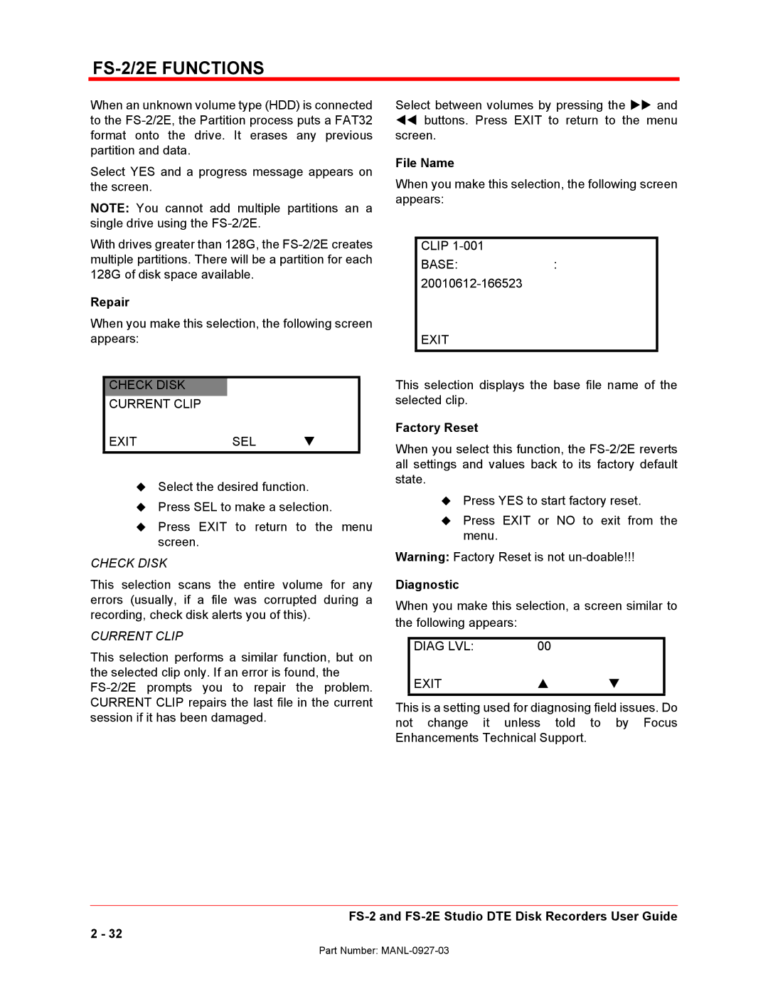 FOCUS Enhancements FS-2/2E manual Repair, File Name, Factory Reset, Diagnostic 