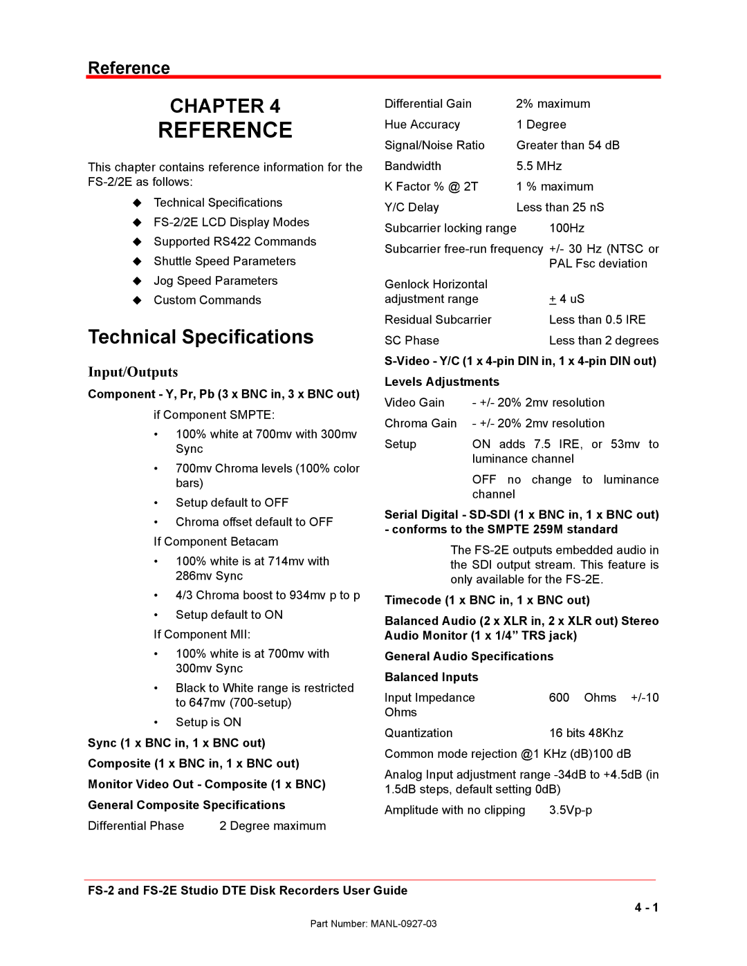 FOCUS Enhancements FS-2/2E manual Technical Specifications, Reference, Component Y, Pr, Pb 3 x BNC in, 3 x BNC out 