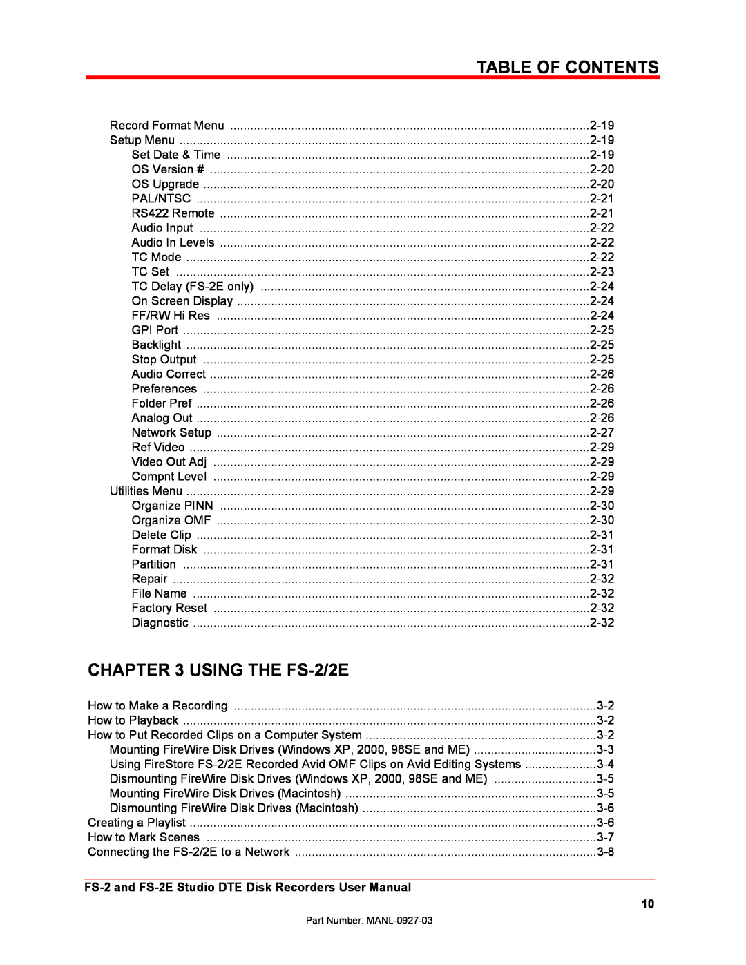FOCUS Enhancements manual USING THE FS-2/2E, Table Of Contents 