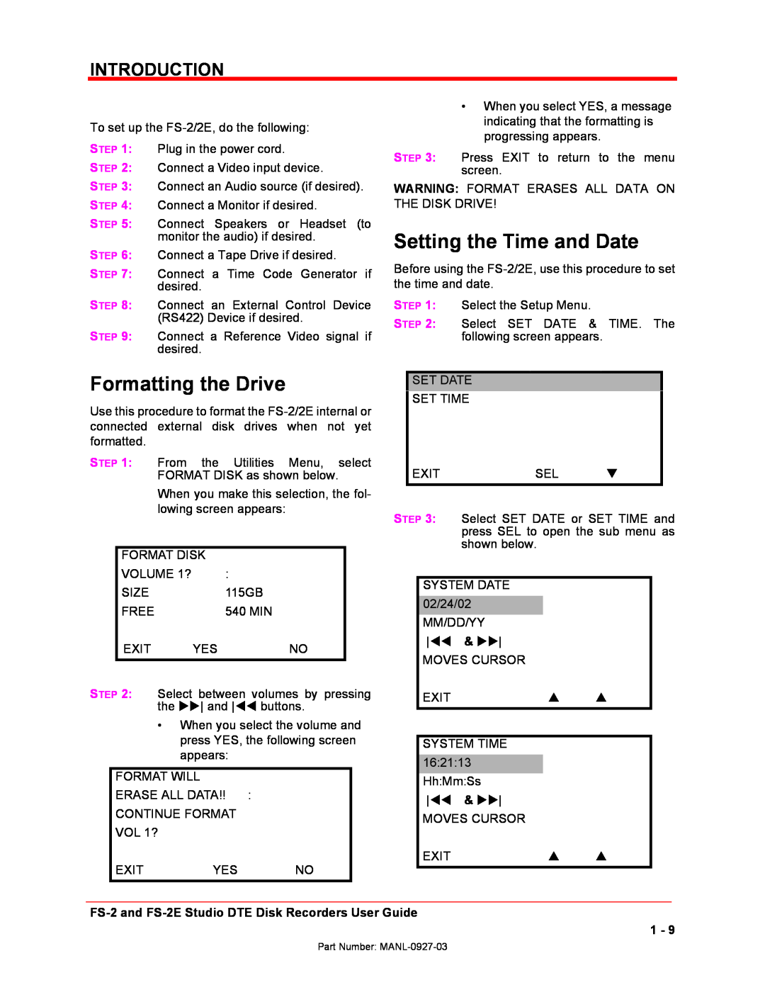 FOCUS Enhancements FS-2/2E manual Formatting the Drive, Setting the Time and Date, Introduction 