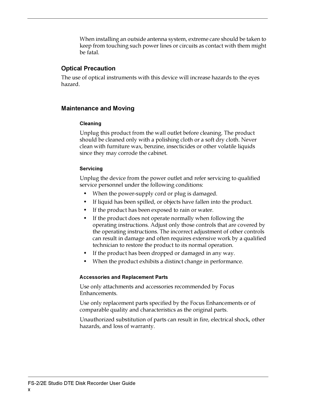 FOCUS Enhancements FS-2E manual Optical Precaution, Maintenance and Moving 