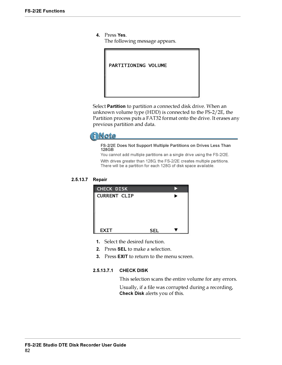 FOCUS Enhancements FS-2E manual Partitioning Volume, Check Disk, Current Clip Exitsel 