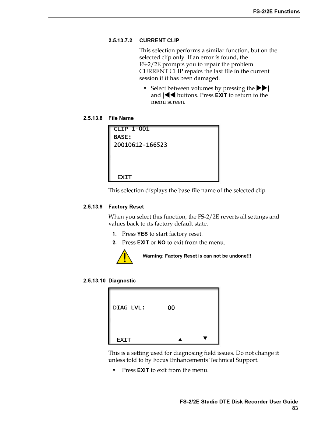 FOCUS Enhancements FS-2E manual Diag LVL Exit 