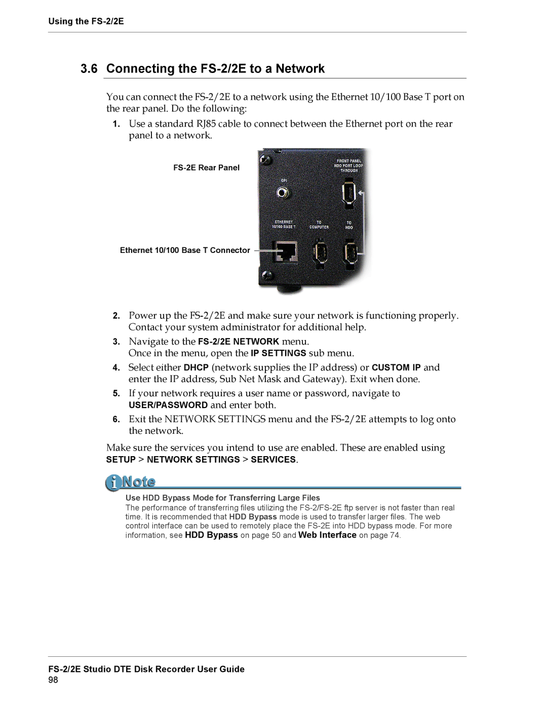 FOCUS Enhancements FS-2E manual Connecting the FS-2/2E to a Network, Setup Network Settings Services 