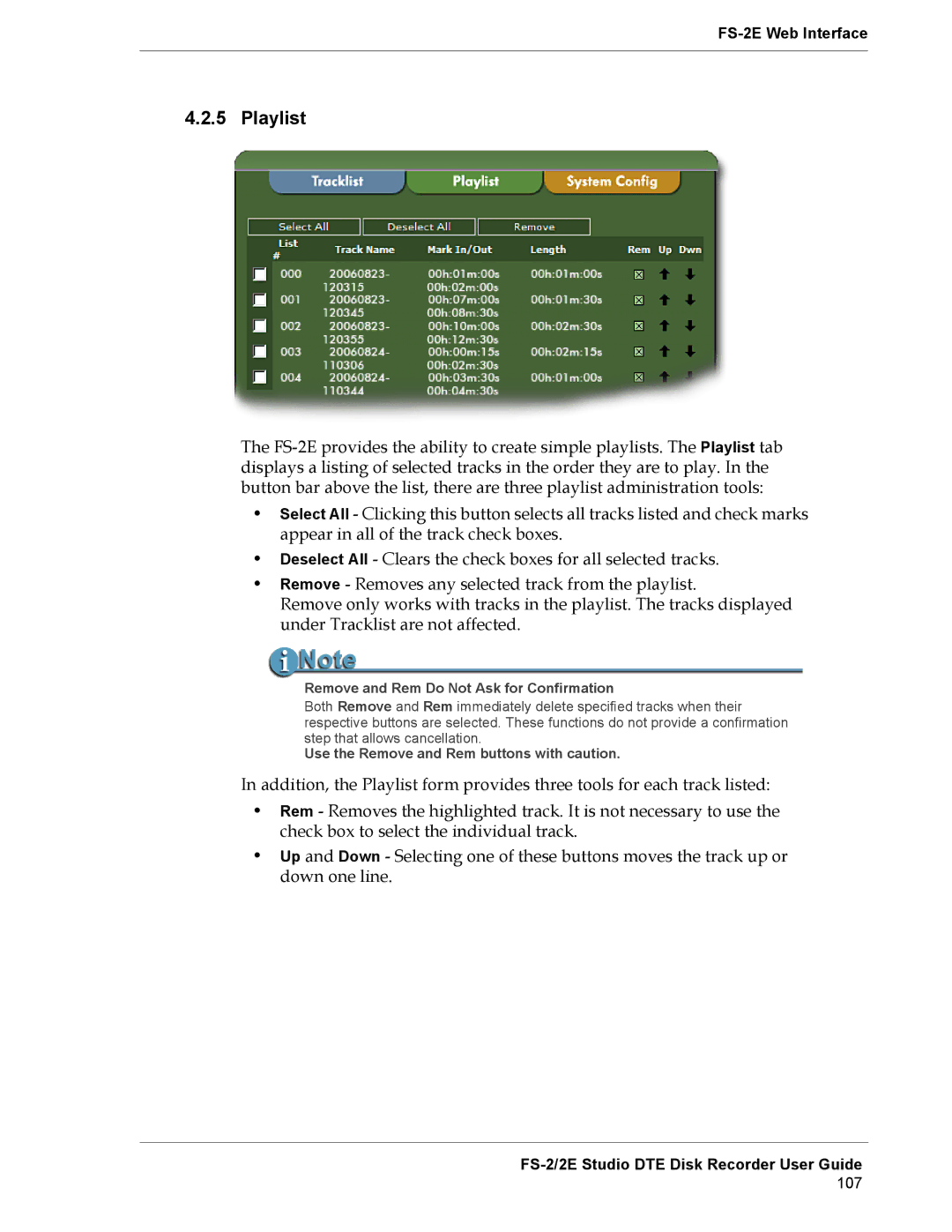 FOCUS Enhancements FS-2E manual Playlist, Remove and Rem Do Not Ask for Confirmation 