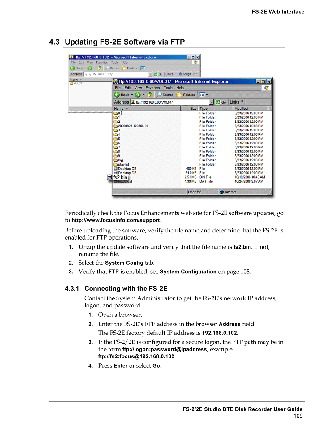 FOCUS Enhancements manual Updating FS-2E Software via FTP, Connecting with the FS-2E 