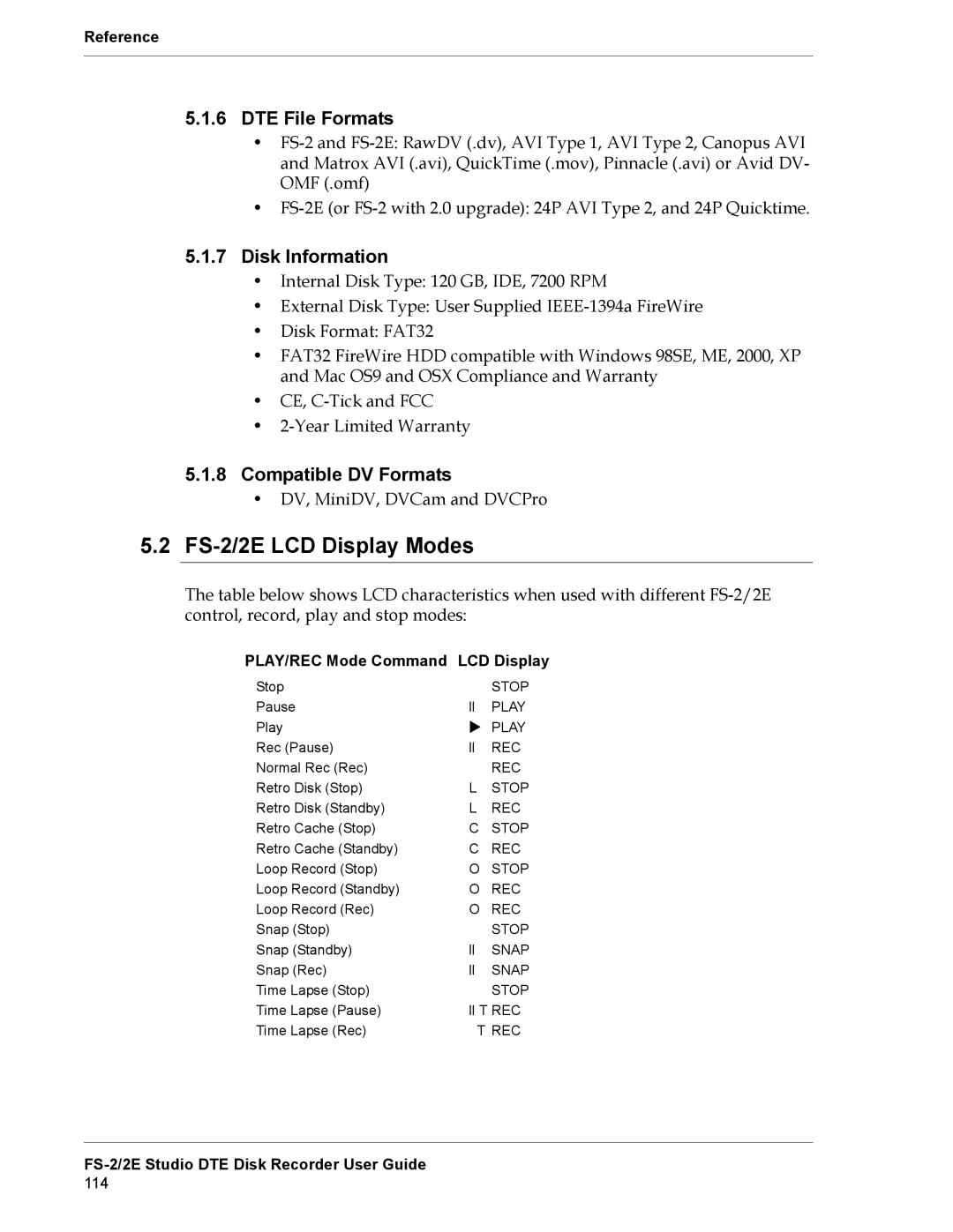 FOCUS Enhancements FS-2E manual FS-2/2E LCD Display Modes, DTE File Formats, Disk Information, Compatible DV Formats 