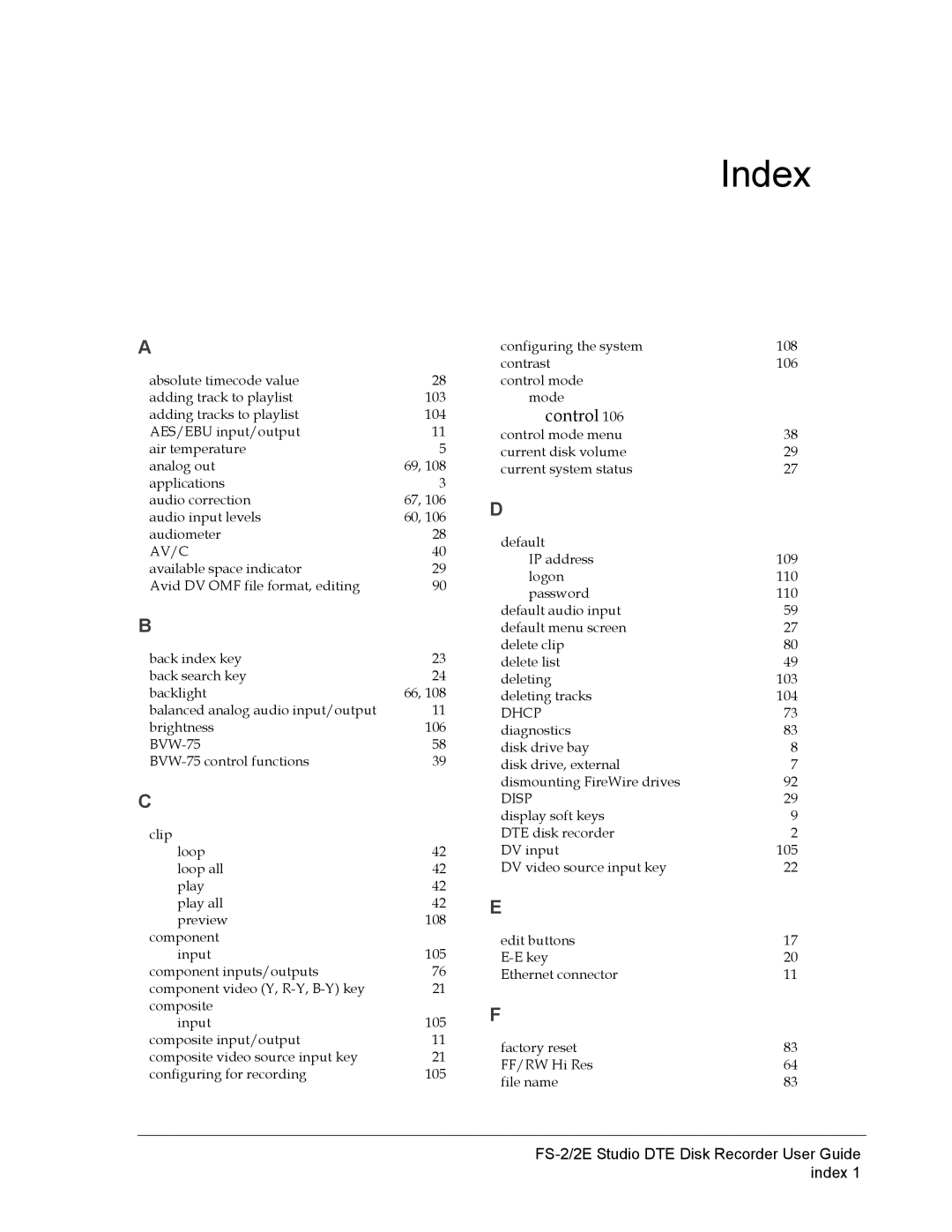 FOCUS Enhancements FS-2E manual Index 