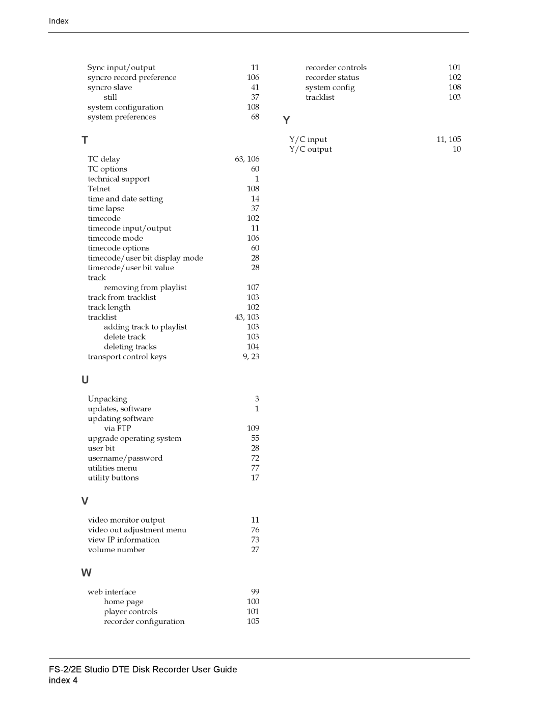 FOCUS Enhancements FS-2E manual FS-2/2E Studio DTE Disk Recorder User Guide index 