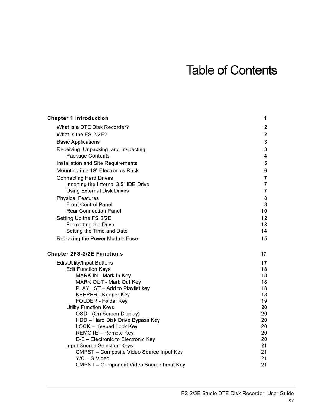 FOCUS Enhancements FS-2E manual Table of Contents 