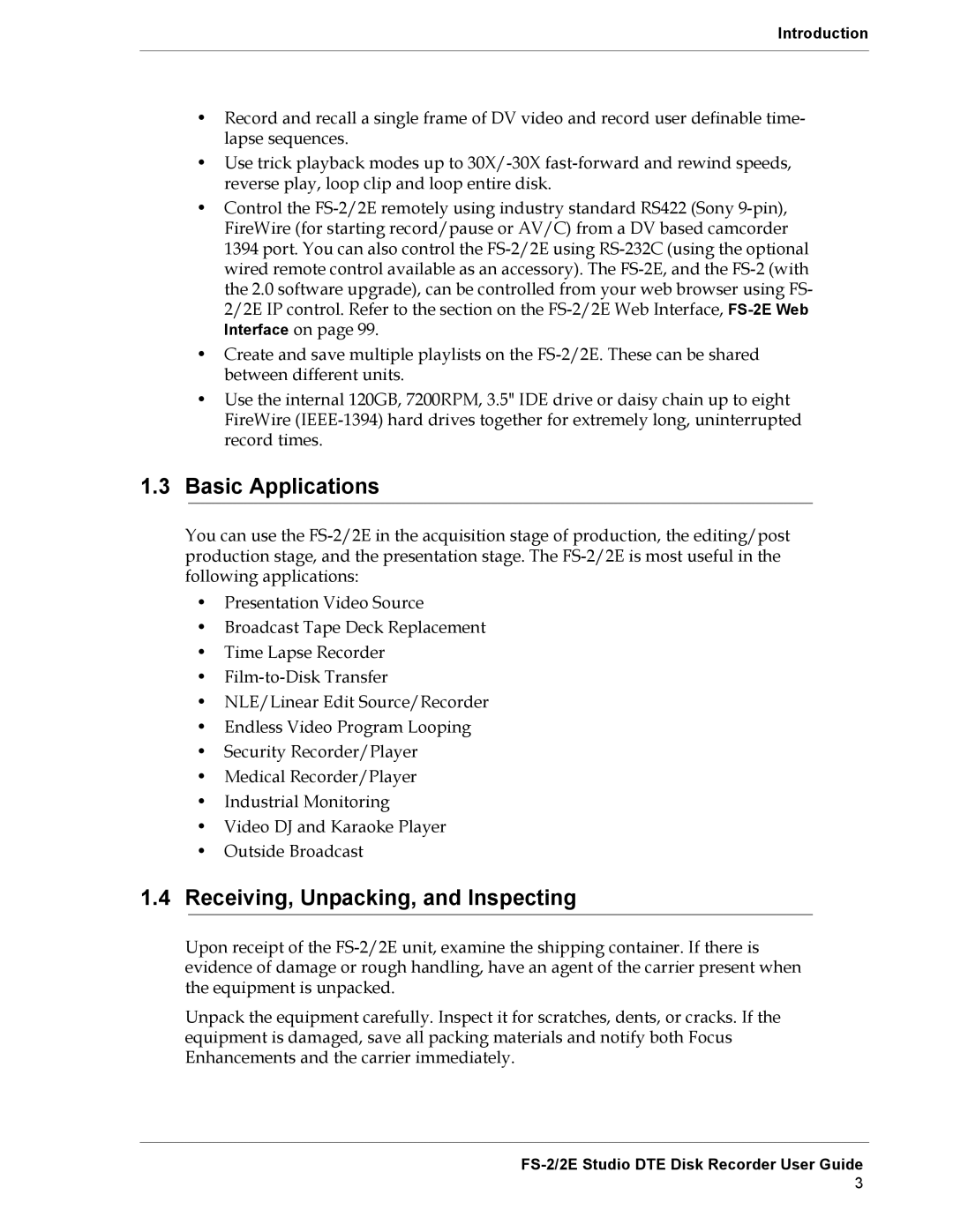 FOCUS Enhancements FS-2E manual Basic Applications, Receiving, Unpacking, and Inspecting 