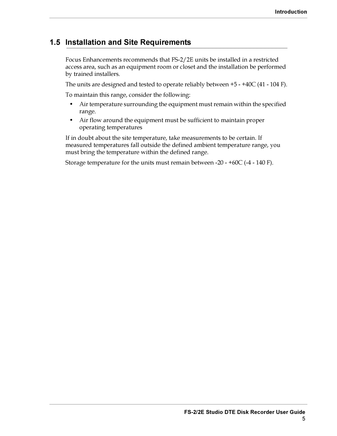 FOCUS Enhancements FS-2E manual Installation and Site Requirements 