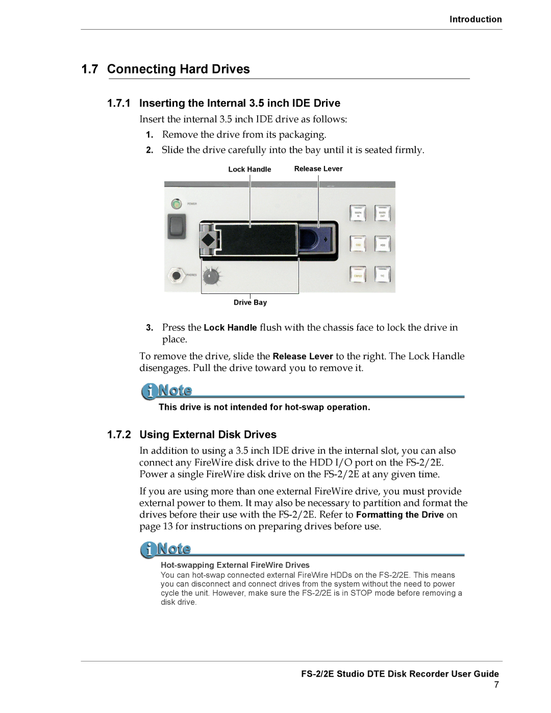 FOCUS Enhancements FS-2 Connecting Hard Drives, Inserting the Internal 3.5 inch IDE Drive, Using External Disk Drives 