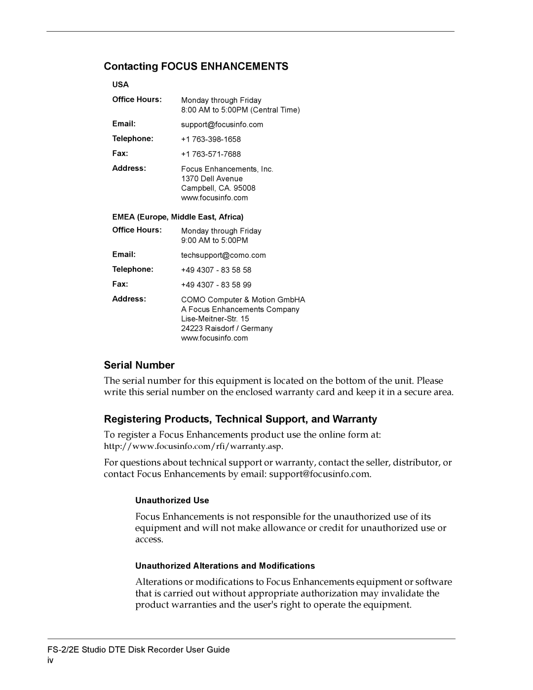 FOCUS Enhancements FS-2E manual Contacting Focus Enhancements, Serial Number 