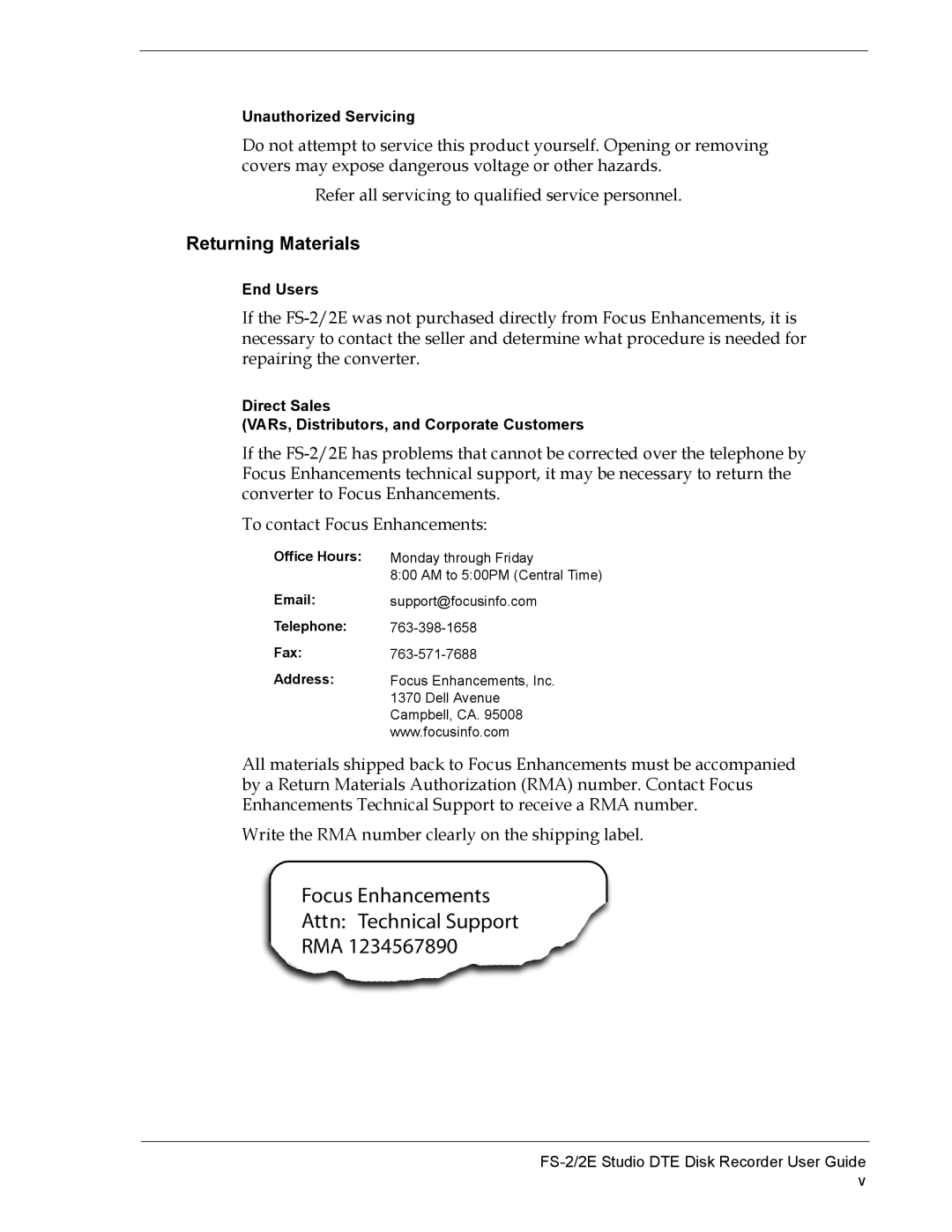 FOCUS Enhancements FS-2E manual Returning Materials 