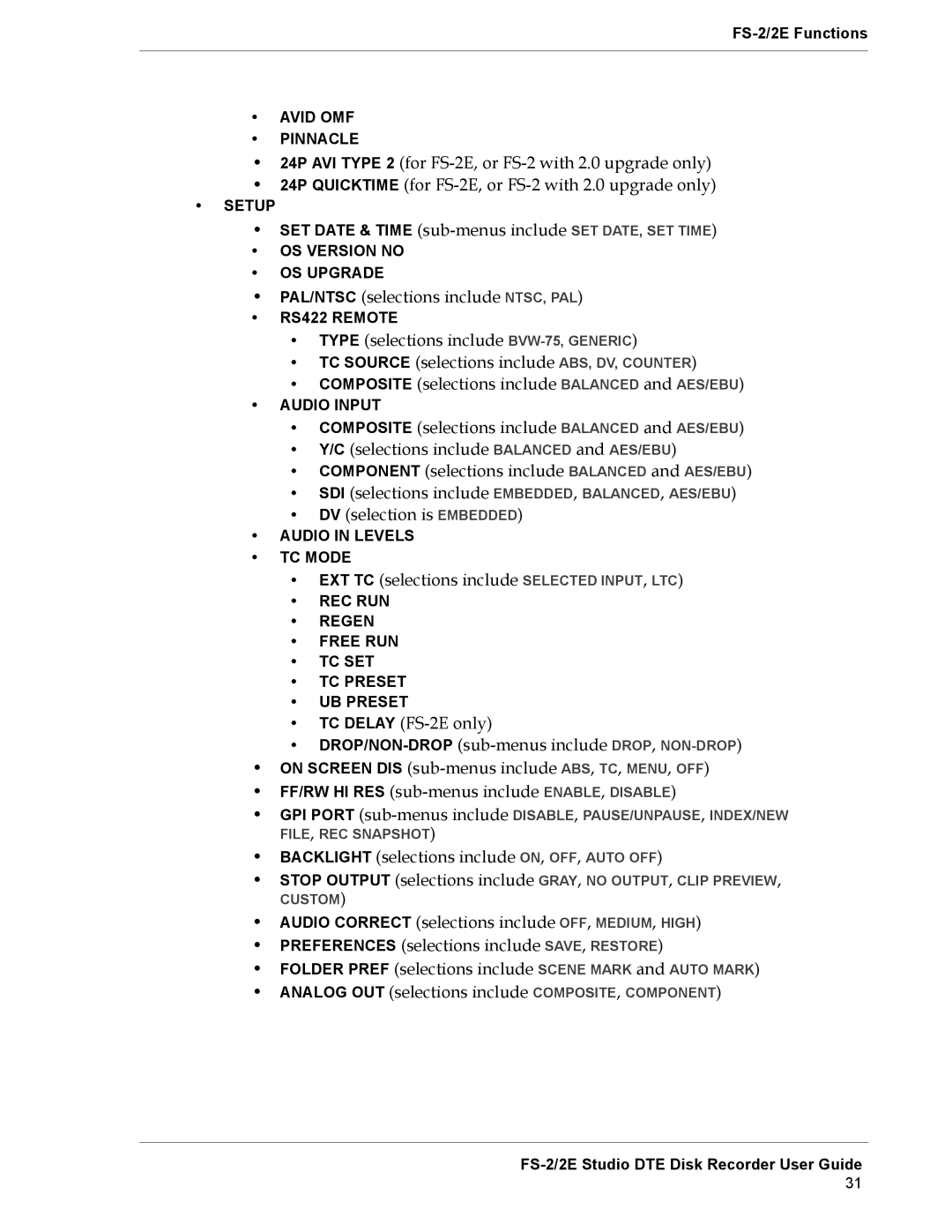 FOCUS Enhancements FS-2E manual SET Date & Time sub-menus include SET DATE, SET Time 